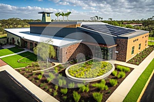 a leed-certified school building, with solar panels and a green roof