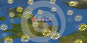 Leeds city and sunny weather icon on the map, weather forecast related 3D rendering