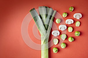 Leek, brussels sprouts, cultured mushrooms on red background. Seasonal vegetables in modern style pattern