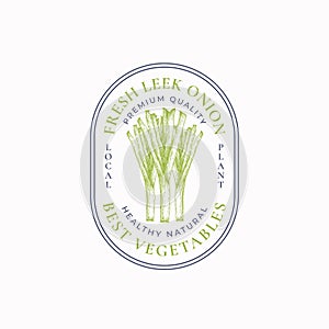 Leek Onion Farm Frame Badge or Logo Template. Hand Drawn Green Vegetables Sketch with Retro Typography and Borders