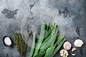 Leek stalks with herbs ingredients for coocing Braised Leeks, on grey textured background top view with space for text