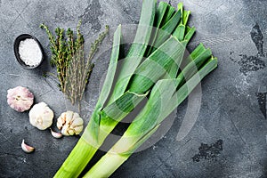 Leek stalks on  with herbs ingredients for coocing Braised Leeks, on grey textured table top view with space for text