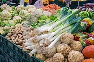 Leek and verious vegetables for sale at a market