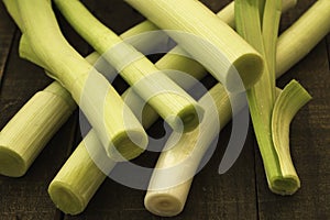Leeks on a wooden table