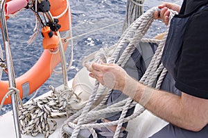 Leer sheets on a yacht. Close up of striped sheet. the sheets are weighed on the yacht rails