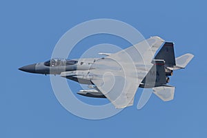 Leeuwarden, Netherlands April 18, 2018: An USAF F-15 0f the 104th Fighter Wing during the Frisian Flag exercise