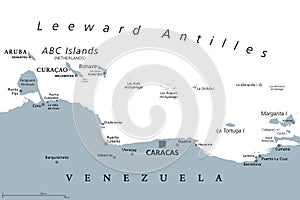 Leeward Antilles, a Caribbean island chain, gray political map photo