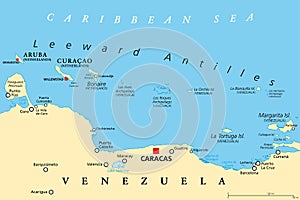 Leeward Antilles, islands chain in the Caribbean, political map photo