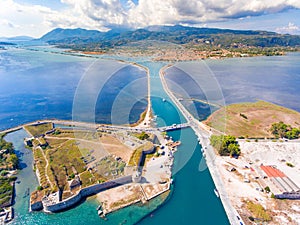 Lefkada Harbour main canal and floating rotating bridge brids eye view