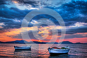 Lefkimi Corfu, Greece - Two Fishing Boats at Sunset over the Ionian Sea