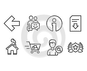 Left arrow, Download file and Search people icons. Shopping cart, Communication and Laureate signs.