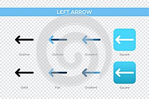 left arrow icon in different style. left arrow vector icons designed in outline, solid, colored, gradient, and flat style. Symbol