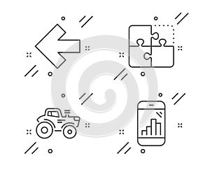Left arrow, Tractor and Puzzle icons set. Graph phone sign. Vector