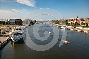 Left bank of the Oder river in Szczecin with the maritime museum and the terraces with a part of Grodzka Island, Szczecin, Poland