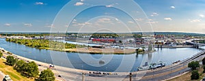 Left bank of the Oder river in Szczecin with the maritime museum and the terraces with a part of Grodzka Island, Szczecin, Poland