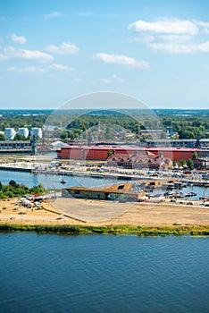 Left bank of the Oder river in Szczecin with the maritime museum and the terraces with a part of Grodzka Island, Szczecin, Poland