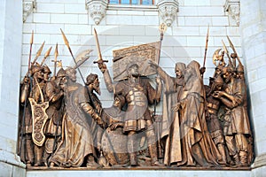 Sculptural composition of the north facade in the Cathedral of Christ the Savior in Moscow, Russia photo