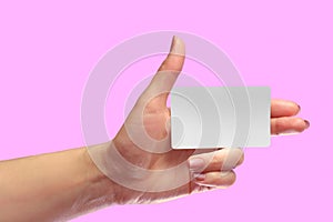 Left Female Hand Hold Blank White Card Mock-up. SIM Cellular