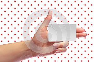 Left Female Hand Hold Blank White Card Mock-up. SIM Cellular Plastic NFC Smart Tag Call-card Mock Up Template. Credit Namecard or