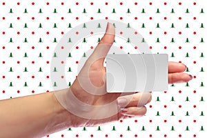 Left Female Hand Hold Blank White Card Mock-up. SIM Christmas Gift. Loyalty Shop Card. Plastic Transport Ticket. Transponder NFC