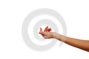 Left hand of Asian woman show is beckoning gesture isolated on white background for call person or something
