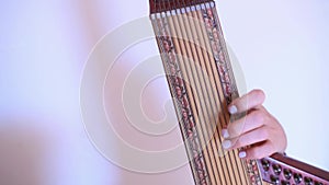 Left hand of a caucasian woman playing basses on a traditional ukrainian string instrument bandura