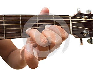 Left hand gesture `chord D` guitar chord finger position in close up isolated on white background.