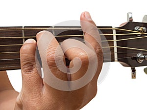 Left hand gesture `chord F` guitar chord finger position in close up isolated on white background.