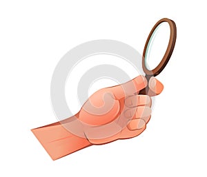 Left hand with glass magnifier for magnifying small objects. Object isolated on white background. Funny cartoon style