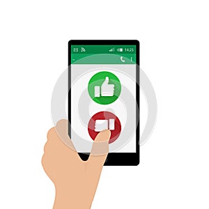 Left hand holding mobile phone and pressing No button. Vector illustration. App window. Green and red thumbs up and down buttons.