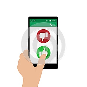 Left hand holding mobile phone and pressing Yes button. Vector illustration. Social network concept. Green and red thumbs up and d