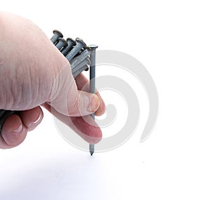 Left hand holding nails with one ready for use held between finger and thumb