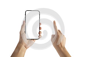 Left hand holding smartphone and right hand point or touch isolated on white background with clipping path.