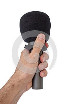Left hand with microphone isolated on white background