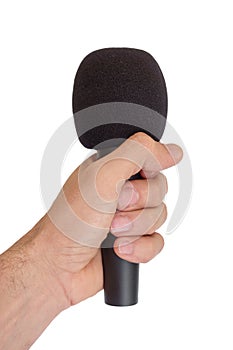 Left hand with microphone isolated on white background