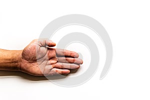 An   left hand reaches in frame left with palm open  on a white background