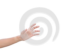 Left hand of a woman trying to reach or grab something. fling, touch sign. Reaching out to the left. isolated on white background