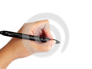 Left-handed person writing