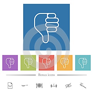 left handed thumbs down outline flat white icons in square backgrounds