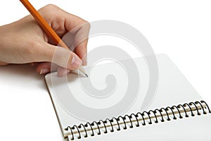 Left-hander writes in a notebook