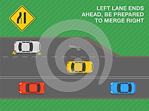 Left lane ends ahead, be prepared to merge right. Road sign meaning. Top view of a traffic flow.