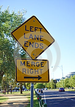 Left Lane Ends Merge Right Sign