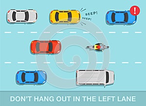 Left lane for passing only road or traffic rule. Top view of steam of cars on a city highway. Do not hang out in the left lane.