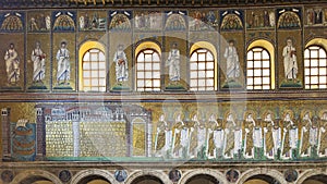 Left lateral wall mosaics inside the the Basilica of Sant Apollinare Nuovo in Ravenna, Italy.