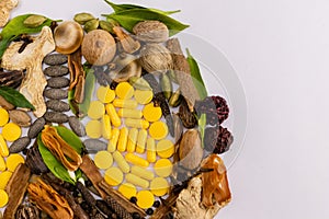 Left Lung shape made of herbs and spices with tablets  on a white background. Lung diseases concept