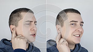 Before and after. On the left, the man indicates ear pain, and on the right, indicates that the ear no longer hurts. Pain