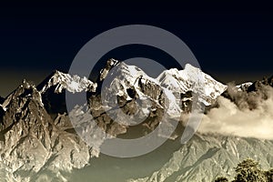 From left - Mount South Kabru , Mount North Kabru and Mount Talung - Sikkim, India