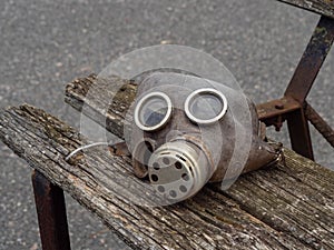 Left over gas mask used during the liquidation of the effects of the Chernobyl disaster. Chernobyl, Ukraine.