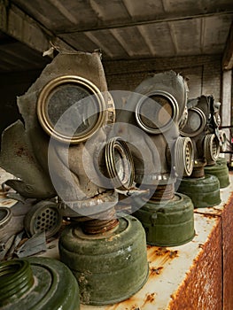 Left over gas masks used during the liquidation of the effects of the Chernobyl disaster..