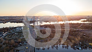 Left part of the city of Kiev from the North bridge over the Dnieper River and a view of the Skaimol shopping center